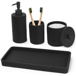 Bathroom Accessory Set, 4-Piece, Lotion/Soap Dispenser, Toothbrush Holder, Qtip Holder, Vanity Tray for Decoration, Bathroom, Countertop, Vanity Organizer, (Matte Black)