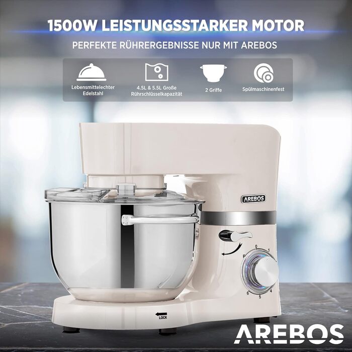 Кухонна машина Arebos 1500W з 2 чашами з нержавіючої сталі (4.5L та 5.5L) | Кухонний міксер з набором насадок (крюк для тіста, вінчик, гак для збивання) | 6 швидкостей | Тиха робота