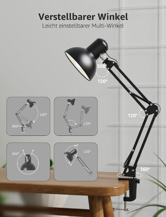 Настільна лампа Lepro Retro на затискачі, світлодіодна LED лампа для офісу та читання з регульованим гнучким кріпленням, патрон E27, чорна, 38x15x27 см