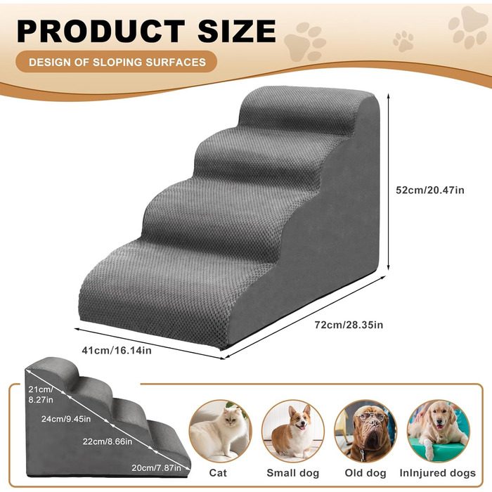 Сходинки для собак маленьких порід Otauoaea: 4 сходинки, протиковзкі, для диванів та ліжок, знімний чохол, сірий колір