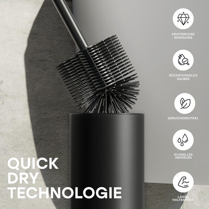 Торцева щітка для унітазу з нержавіючої сталі та силікону з дискретним тримачем - щітка для туалету з захистом від бризок, антибактеріальний тримач (чорний)