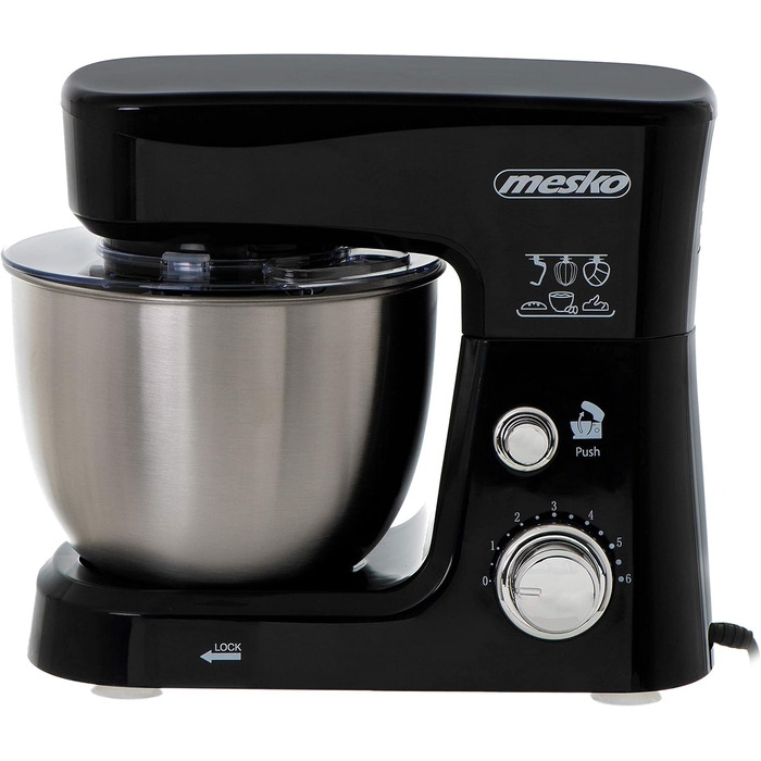 Кухонна машина Mesko MS 4217, 3,5 л, 1200 Вт, 6 швидкостей, нержавіюча сталь, міксер для тіста, вінчики, захист від бризок, сріблясто-чорна