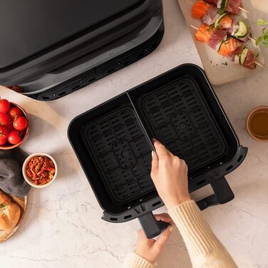 Cecotec Oil-Free Hot Air Fryer, 9L Cecofry Dual 9000 Air Fryer. 2850W, Digital and compact, Dual Temperature, PerfectCook Technology, possibility to split the bowl into 2 x 4.5L, 6 Modes Stainless Steel 1 Basket 9 Liters + Divider