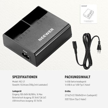 Зарядний пристрій NEEWER NC3-Z1 для трьох акумуляторів: сумісний з NEEWER Z2, Z1, Z760, Z880 TTL Speedlite Blitz, 7.4V/2600mAh Li-Ion, DC 8.4V/5V вихід, AC USB зарядний пристрій з кабелем живлення (EU)