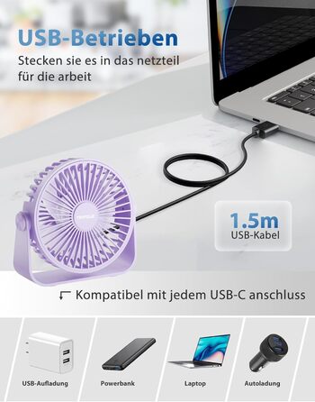 USB-настільний вентилятор TriPole: 3 швидкості, регульований, сильний потік повітря, 360° оберт, кабель 1,5 м, портативний міні-вентилятор (фіолетовий)
