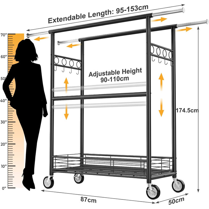 Стійка для одягу Bomclap з великою вантажопідйомністю, з колесами, висувна, з 3 перекладинами, 8 гачками та полицею, міцна, до 160 кг (чорна)