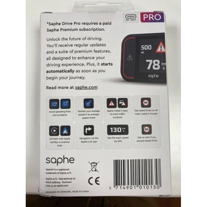 Радар-детектор Saphe Drive Pro для авто з кольоровим дисплеєм, сумісний з CarPlay та Android Auto, сповіщення про радари і небезпеки, дані Blitzer.de, підписка на 12 місяців