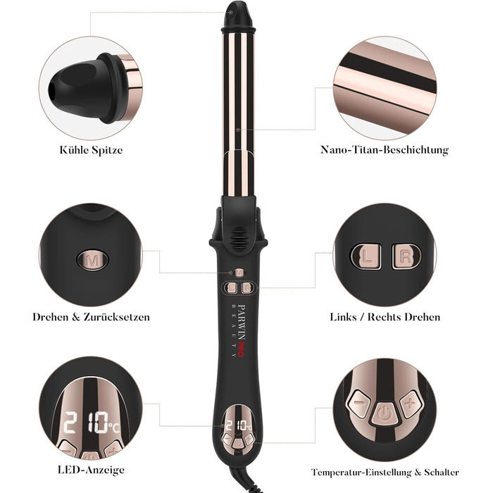 Автоматичний локон PARWIN PRO BEAUTY 25mm з нано-титановим покриттям, LCD дисплеєм, 120-210°C