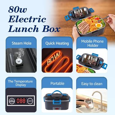 Електрична ланч-бокс Kimfead з індикатором температури, 1.8L, 80W, 12V/24V/230V, з сумкою та столовим прибором, для авто/вантажівки/офісу (синій індикатор температури)
