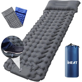 iHEAT Self-Inflating Camping Sleeping Pad with Foot Pump, Ultralight Air Mattress with Pillow, Waterproof Compact Sleeping Mat for Outdoor, Hiking, Backpacking, Camping, Beach - New Gery