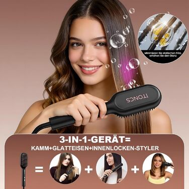 Іонізаційна щітка-випрямляч для волосся iToncs 2-в-1 з захистом від опіків та функцією пам'яті, LCD-дисплей, 5 температурних режимів (120°C-230°C), чорна