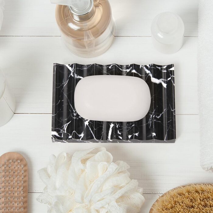 Скляна миска для мила з отвором, мармур, прямокутна, хвиляста, самостійно спорожняється, для ванної кімнати, кухні (чорний/білий)