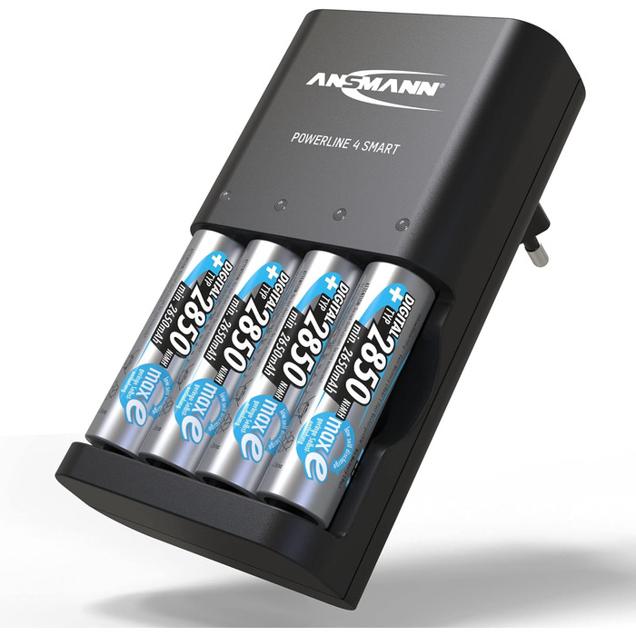 Зарядний пристрій ANSMANN Powerline 4 Smart з 4x NiMH акумуляторами 2850mAh для AA/AAA - автоматичний зарядний пристрій з режимом відновлення, для перезаряджуваних батарейок, включає 4x 2850mAh AA