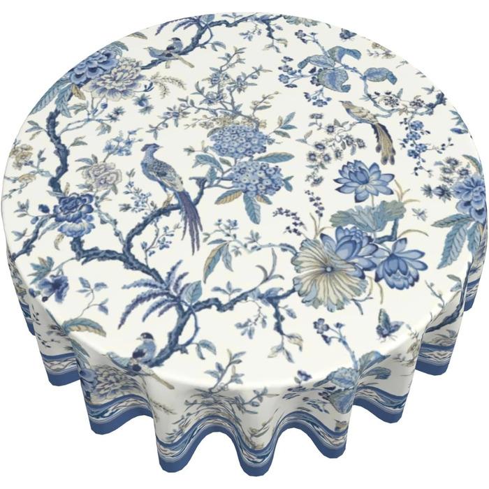 Кругла скатертина Giwawa Chinoiserie 152 см, синьо-біла, з квітами та птахами, порцеляновий орнамент, східний стиль, термостійка, багаторазова, для кухні та їдальні