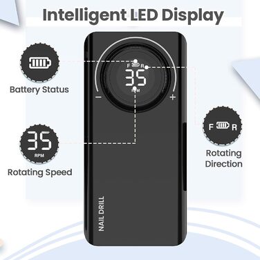 Електричний фрезер для манікюру та педикюру Delanie з акумулятором, 35000 об/хв, для гелю, акрилу, видалення кутикули, LED-дисплей, USB-зарядка (чорний)