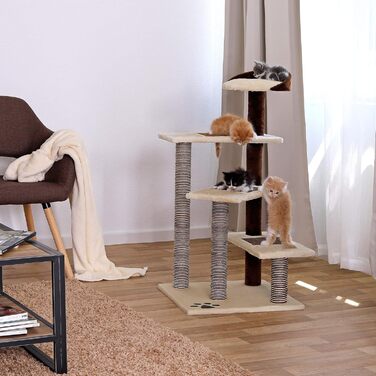 Кігтеточка для котів Lionto з 3 майданчиками та зручною лежанкою, висота 100 см, з сизалевого мотузка та м'якого плюшу, підходить для котів будь-якого розміру, ідеальна для догляду за кігтями (Бежевий/Коричневий)