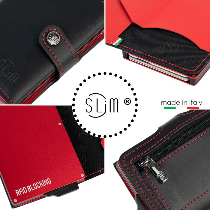 Стильний гаманець Slim Geldbörse для чоловіків та жінок з RFID захистом, відділенням для монет. Зроблено в Італії (Чорний/Червоний)