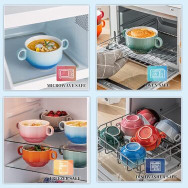 Набір тарілок для супу LOVECASA 420мл (6 шт) з ручками, керамічні, кольорові