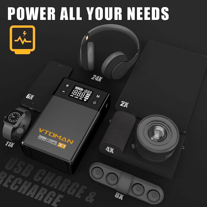 VTOMAN X1: Портативний акумуляторний пусковий пристрій з компресором, 2500A, для авто (бензин до 8.5 л, дизель до 6 л), 150 PSI, 12V, сірий