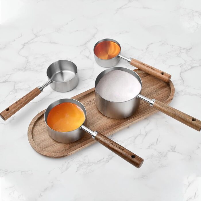 Набір мірних ложок та чашок мідного кольору, 4 шт. для кухні: 60мл, 80мл, 125мл, 250мл. Нержавіюча сталь, дерев'яна ручка