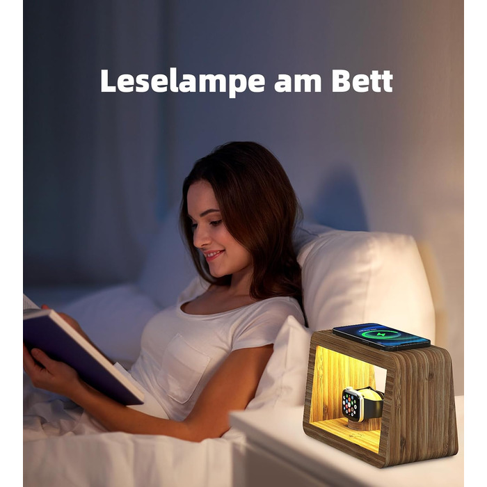 Багатофункціональна заряджна станція 5-в-1 з бездротовим зарядним пристроєм, світлодіодним нічником та годинником, бамбукова, сумісна з Apple Watch, AirPods, Samsung Galaxy та іншими пристроями