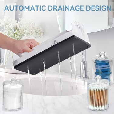 BHeadCat Marble Bathroom Organizer and Storage with 3 Qtip Holders and Drain, Toothbrush Holder for Bathroom, Countertop, Organizer, Cosmetic Organizer