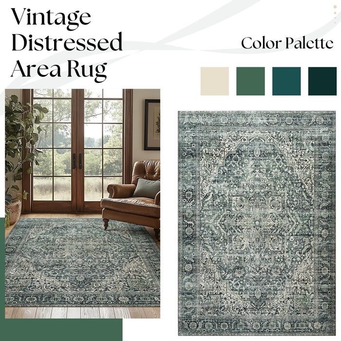 Килим миючий, з штучної вовни, світло-бежевий, для дому, під ліжко, до спальні, обідньої кімнати, під стіл, 2' x 6' (Прямокутний), темно-зелений