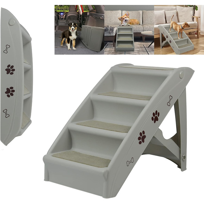 YRHome Foldable Pet Stairs - 4 Step Dog Ramp for Cats & Dogs up to 75kg - Non-Slip Mat & Support Bar - Grey