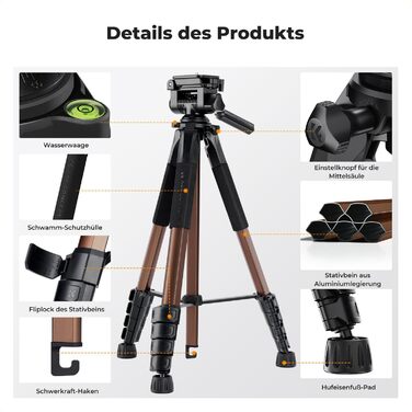 Штатив K&F Concept S255A3+BV01: Легкий штатив з сумкою, для камери/DSLR/відеокамери, з підтримкою смартфонів та планшетів (190см, 2-в-1)