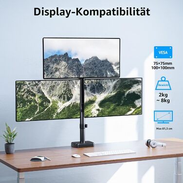 Кронштейн для 3 моніторів MOUNTUP EU6013A, для плоских та вигнутих екранів до 32 дюймів, регульований тримач (2-9 кг), з функцією нахилу та повороту