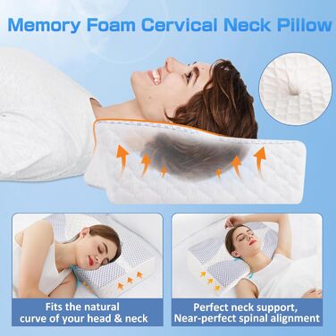 Подушка Hydomi з піною з пам'яті для шиї та плечей, ортопедична подушка для сну, регульована ергономічна подушка для сну на боці, спині та животі - порожниста конструкція, сіра та біла (03-блакитно-біла)