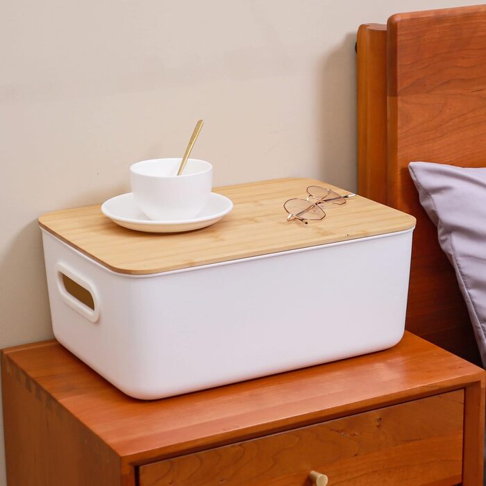 Kerhouze 2 PCS Storage Box with Bamboo Lid White Storage Plastic Box for Organization Stackable Storage Boxes with Handle for Kitchen Bathroom 38.4 * 27 * 15.2cm, 13L