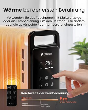 Pro Breeze 2500W Oil Radiator with 11 Fins, Electric Heater - Energy-Saving Oil Radiator, 3 Heating Levels, Adjustable Thermostat, 24h Timer, Touch Display & Safety Shut-Off Function White - No App