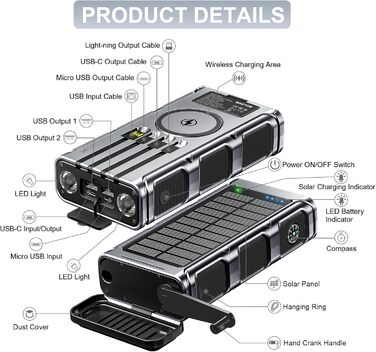 Сонячний Powerbank 26800 mAh з ручним генератором та 4 кабелями, водонепроникний зовнішній акумулятор для телефону, кемпінгу, подорожей (сріблястий)