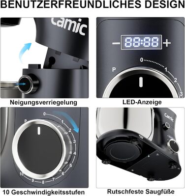 Кухонна машина Camic з LED-дисплеєм, 10 швидкостей, 3 насадками (діядовий, міксер, вінчик) та 2 чашами з нержавіючої сталі 4Л та 5Л для тіста, хліба та тортів, сіра