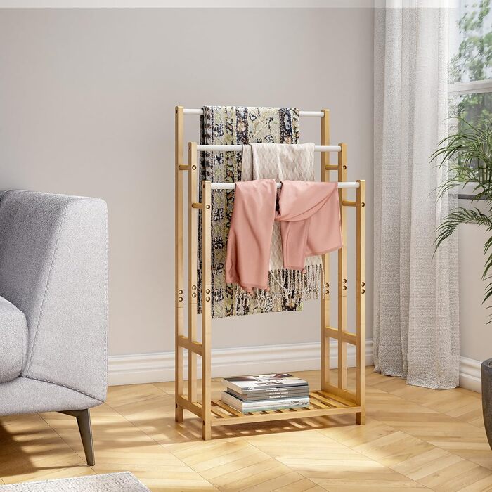 Підставка для рушників Dripex з бамбука, 96 см, з 3 нержавіючими стійками та полицею для ванної кімнати