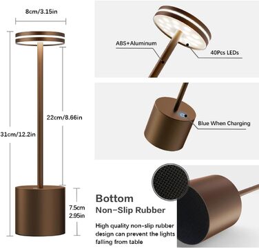 LED настільна лампа Bravzurg бездротова, акумуляторна, 5000mAh, диммування, 3 колірні температури, USB, сенсорне керування, для дому та вулиці, настільна/письмовий стіл (2 Коричневий)