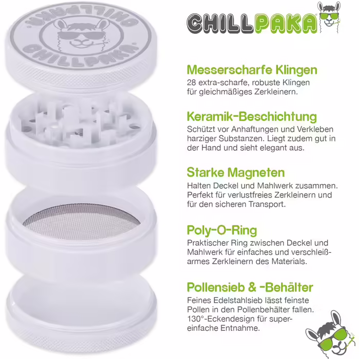 CHILLPAKA® Premium Ceramic Grinder Crusher | ø63mm Large White | Razor-sharp herb grinder with non-stick ceramic coating | Includes pollen scraper + brush