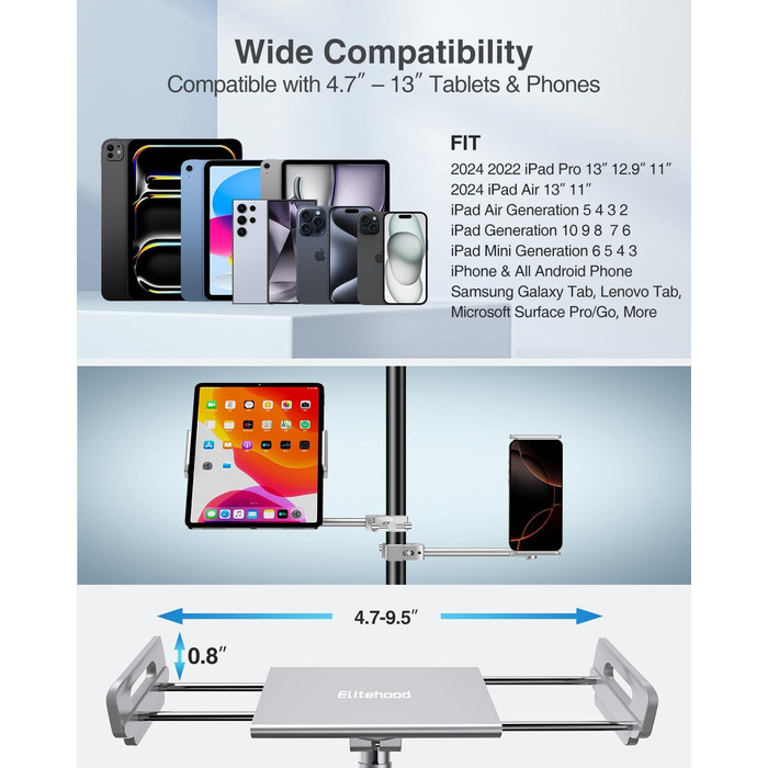 Тримач для iPad з мікрофоном Elitehood: регульований, 360° обертання, сумісний з iPad Pro, Air, Mini та іншими пристроями (4-12.9