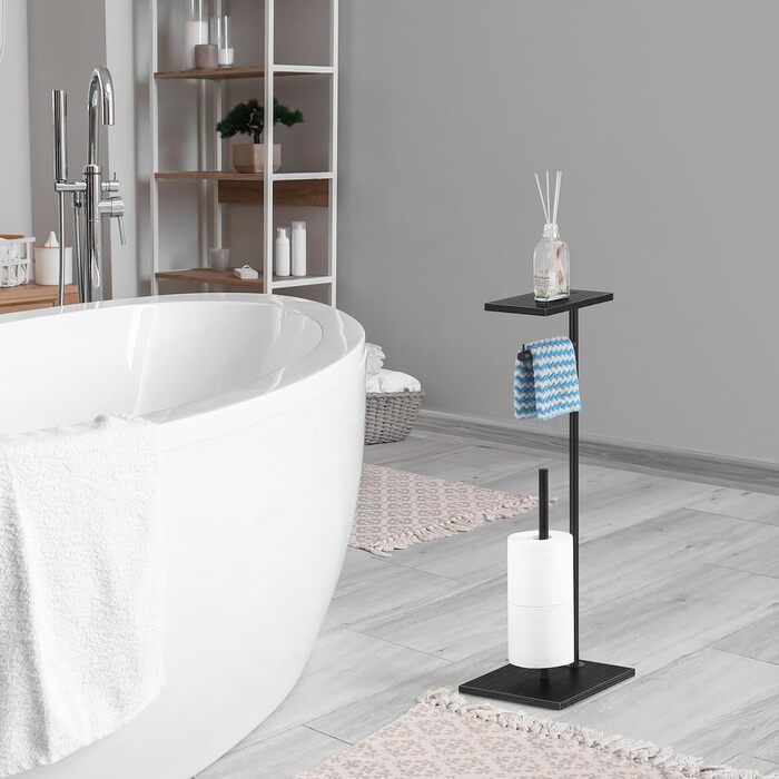 LIANTRAL Freestanding Toilet Paper Holder, Bathroom Toilet Paper Holder, Toilet Paper Storage with Shelf, Stainless Steel Tubes and Wooden Boards, Toilet Paper Storage Dispenser