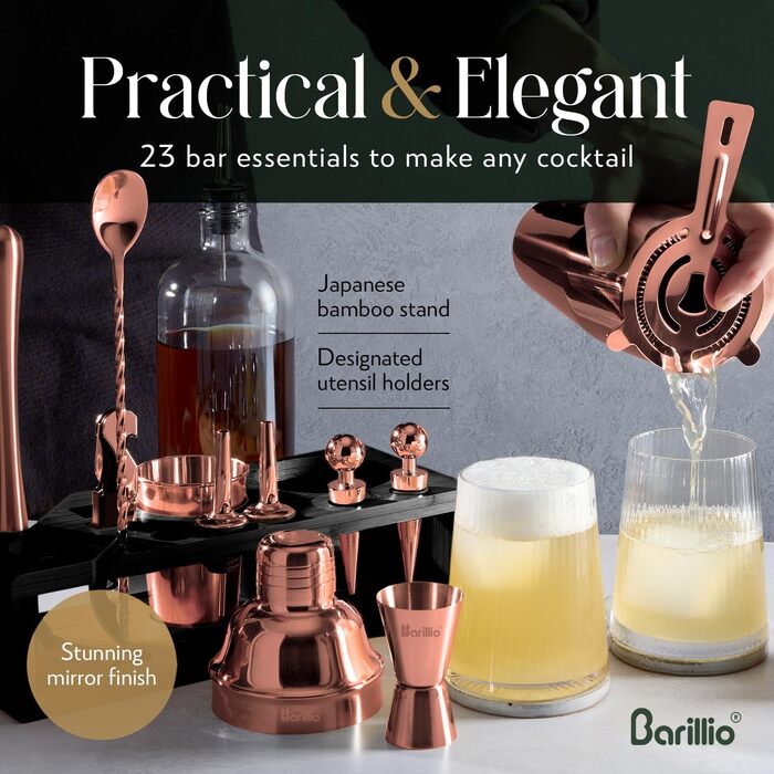 Набір бармена Barillio – Шейкер для коктейлів з нержавіючої сталі з бамбуковим підставкою. Комплект інструментів для міксології: шейкер, міксер, мадлер для приготування коктейлів. Аксесуари для домашнього бару (Золотий, Бамбук)