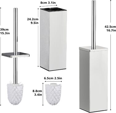 Набір для туалету ALFKET: щітка та тримач, нержавіюча сталь, з захистом від бризок, квадратна форма, з додатковою насадкою, 8x8x42.5 см, срібний