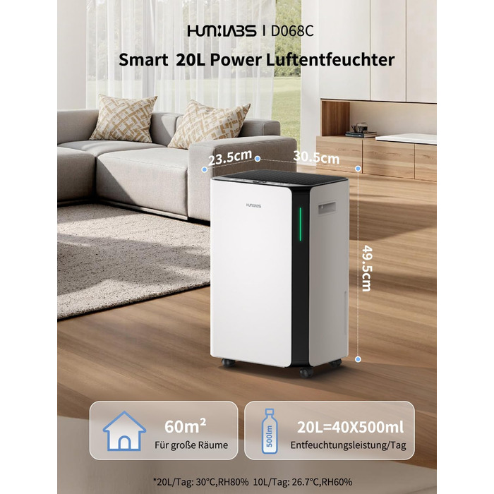 Електричний осушувач повітря HUMILABS 20L з Wi-Fi, для приміщень до 60м², з гофрованим шлангом, 4.5л бак, 3 режими, таймер, білий