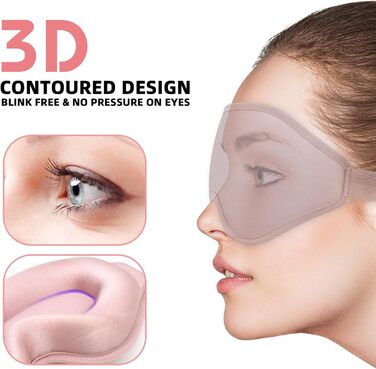 3D-контурна маска для сну для жінок та чоловіків, ефективна маска для очей, блокує світло, м'яка пов'язка на очі з регульованим ремінцем (Рожева)