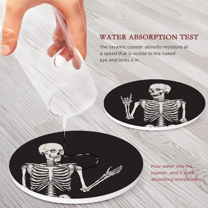 Britimes Drink Coasters, Set of 6, White Marble, Inspiring Love, Absorbent, Round, Ceramic-Stone Mat, with Cork Bottom and Metal Holder, Housewarming Gift, Bar, Decor (Skeleton)
