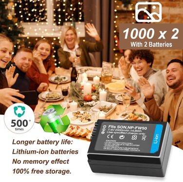 Акумулятор NP-FW50 2000mAh з LED-зарядним пристроєм для камер Sony Alpha A6000, A6500, A6400, A6300, A7, A7II, A7R, A7RII, A7S, A7SII, A7S2, RX10, NEX-3/5/7, 6000, 6400, ZV-E10 (2 шт.)