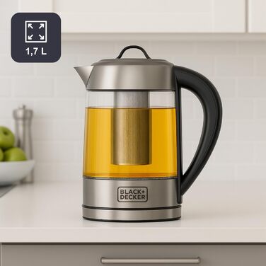 Електричний чайник BLACK+DECKER BXKE2202E, 1.2L, 2200W, 360° обертання, для лівшів, з автовимкненням, скляний