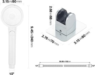 KAIYING Drill-Free High-Pressure Handheld Shower with ON/OFF Pause Switch, 3 Spray Modes, Water-Saving Shower Head, Detachable Puppy Shower Accessory (M: Shower Head + Holder + Hose) (White)