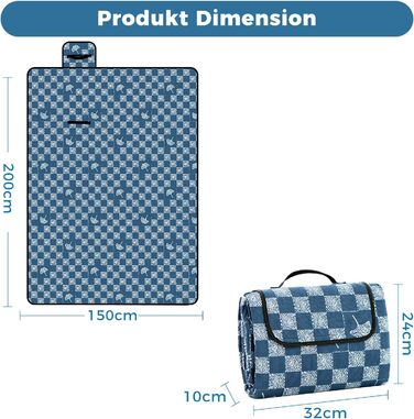 Плед для пікніка Oak & Tea 200x200 см, водонепроникний, ізолюючий, XXL, складаний килимок для пляжу, кемпінгу, подвір'я з міцного Оксфорду (джинсово-синій)