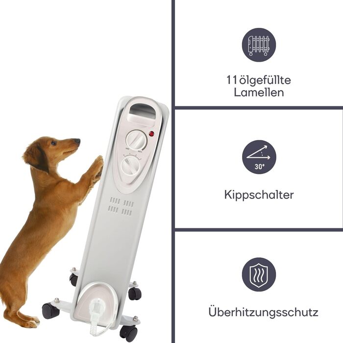 Масляний радіатор Perel 2500W з 11 ребрами, 3 режими, термостат, колеса, захист від перегріву та перекидання, тихий та енергоефективний для великих приміщень до 30 м²